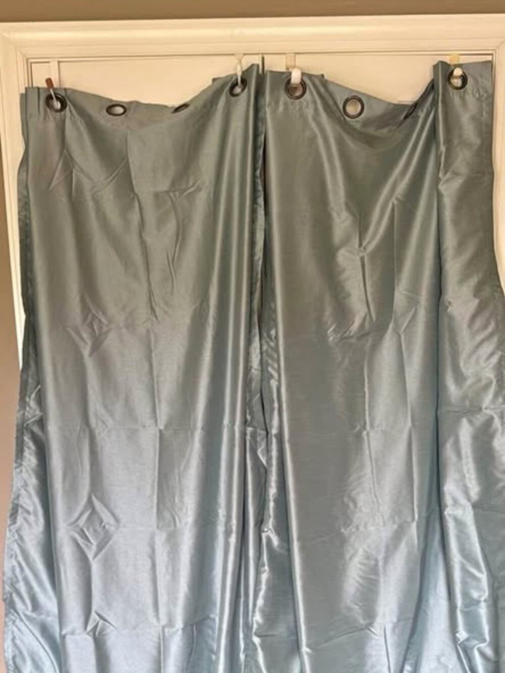 Custom BLUE with Brown Border 53L x 92L Grommet SILKY? Drapes. Set of 2
